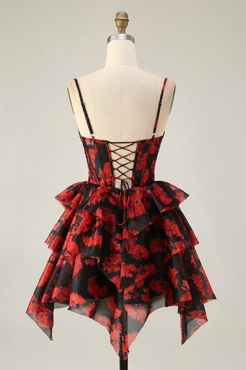 Black Red A Line Cowl Neck Corset Tiered Short Homecoming Dress